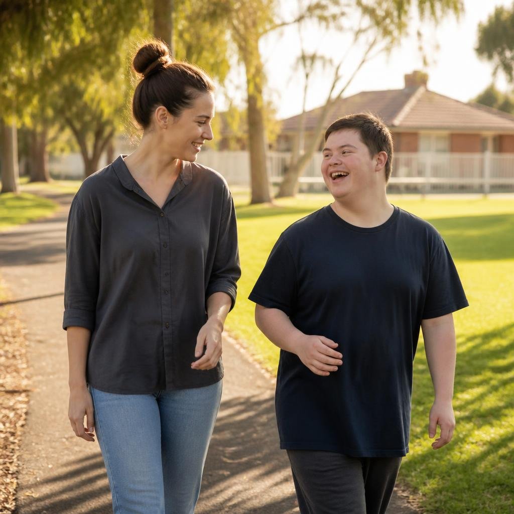 A support worker and an NDIS participant walking together in a sunny Western Sydney park