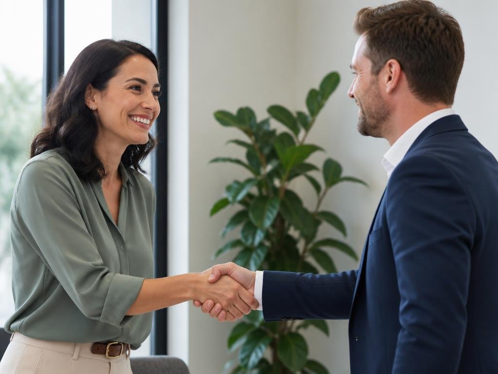 Two professionals shaking hands in a bright office setting