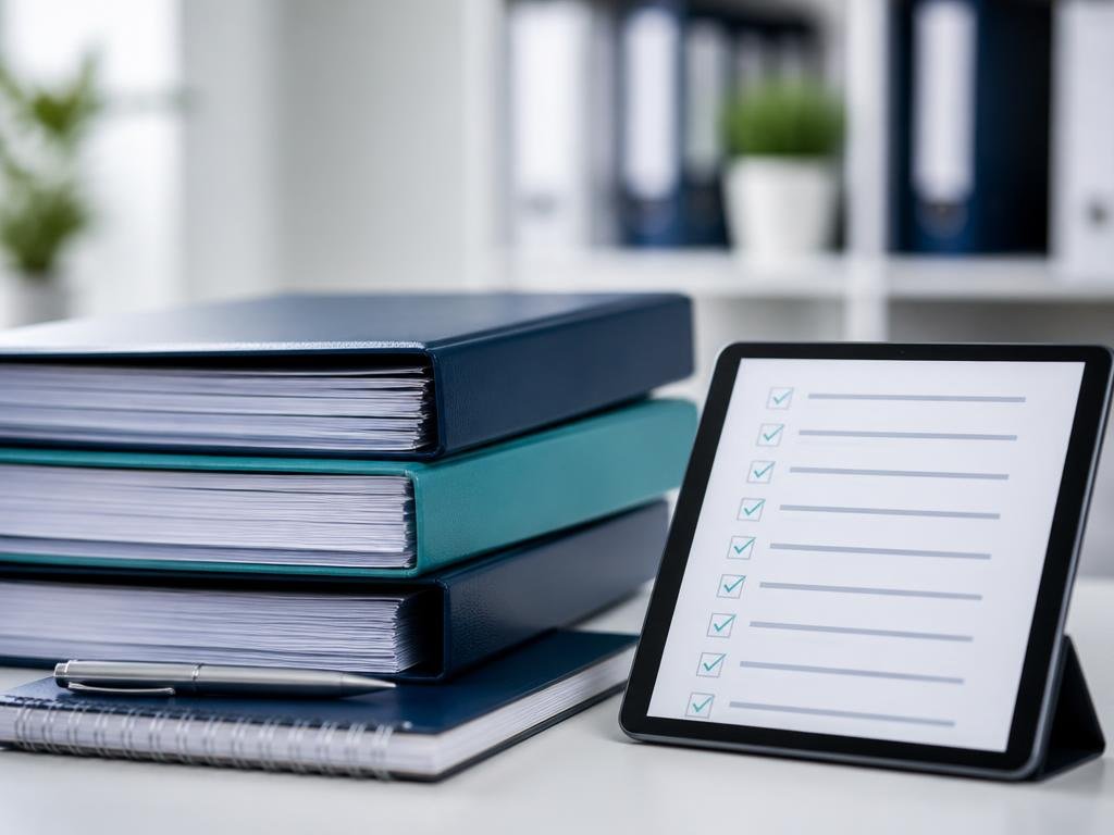 A quality and compliance document being reviewed alongside a tablet